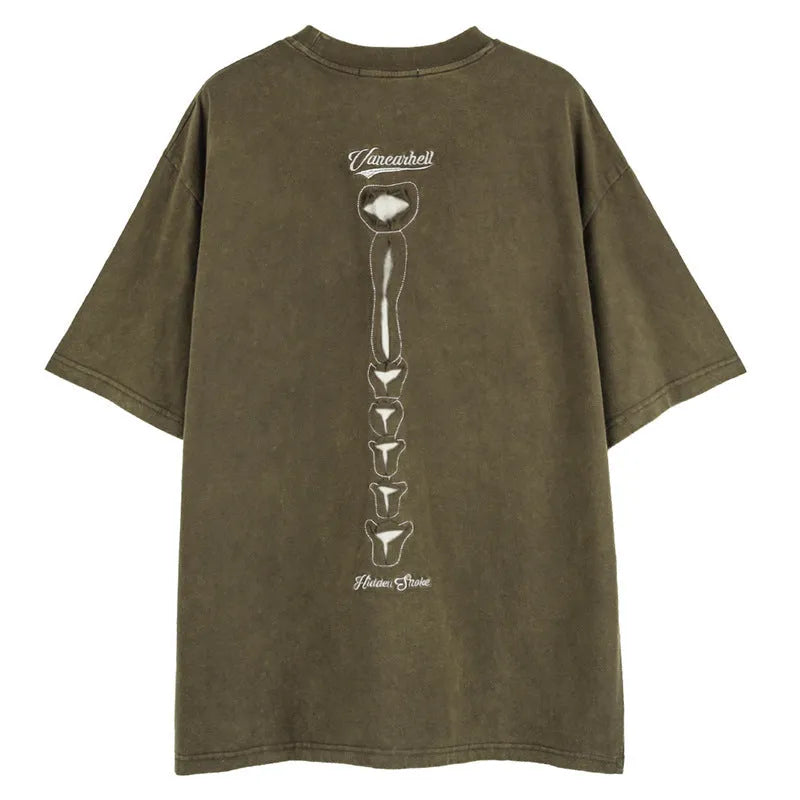 Men's loose dark street style skull print cotton t-shirt with drop-shoulder sleeves in brown and black colours