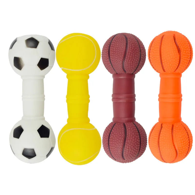 Colourful PVC squeaky dog toy shaped like a football dumbbell on a white background.