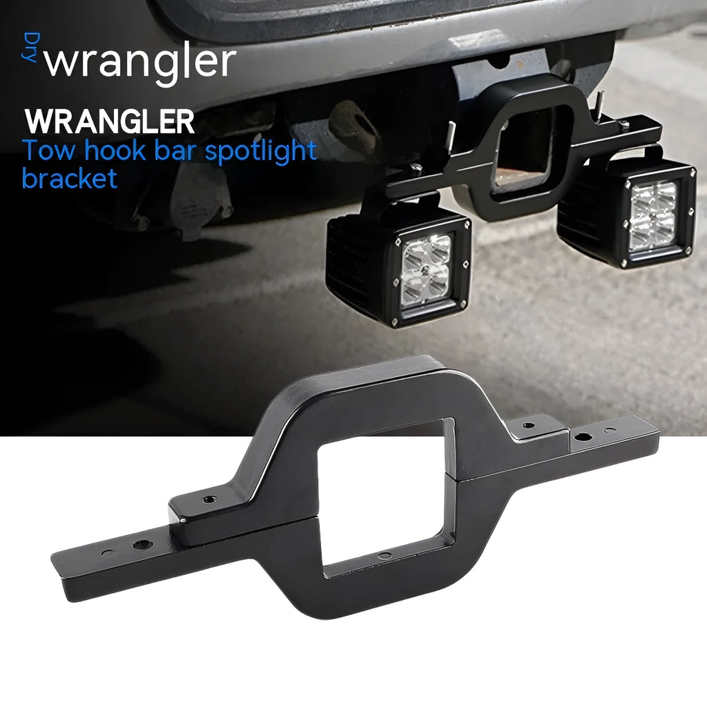 Black aluminium alloy LED reverse light mounting bracket for Jeep Wrangler off-road vehicle.