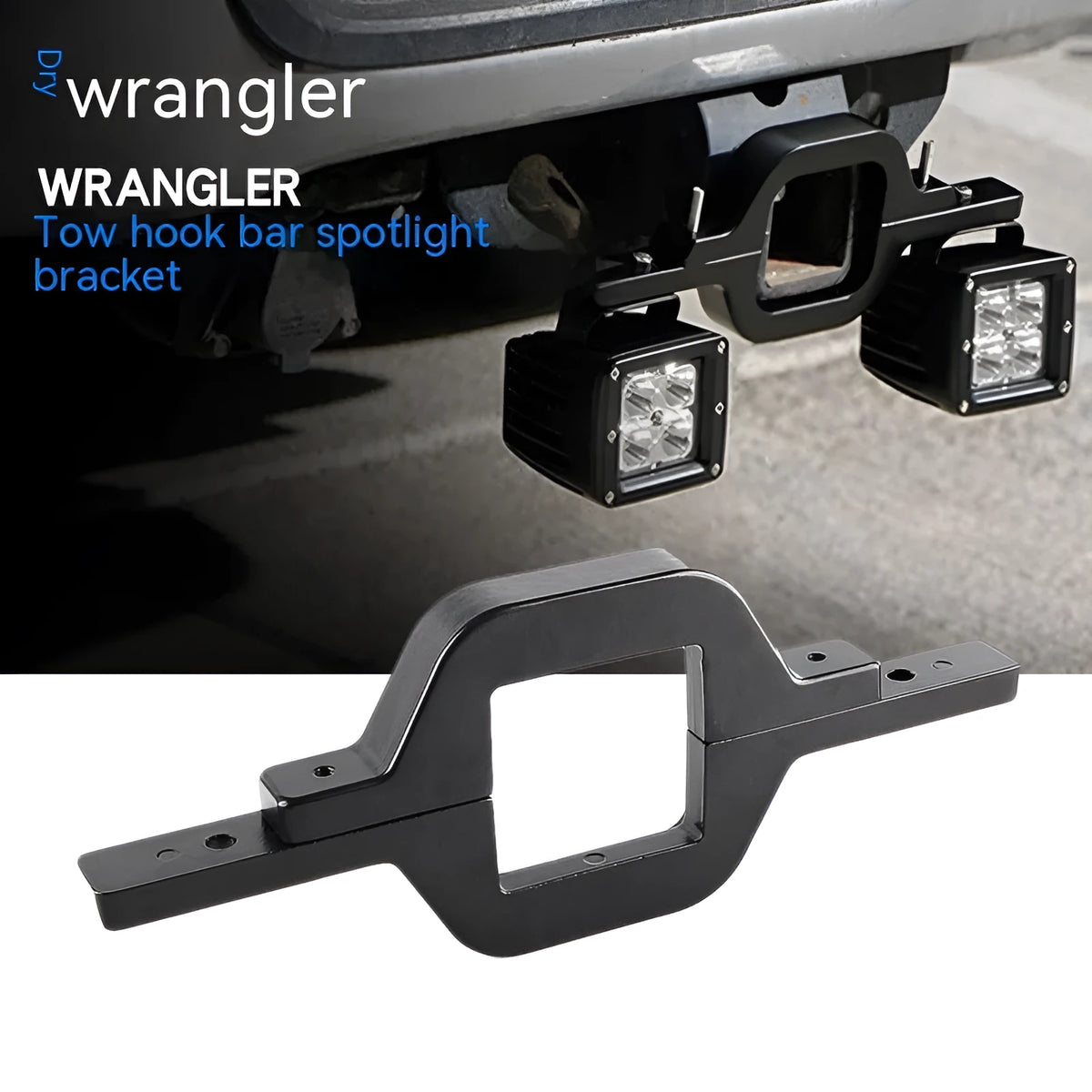 Black aluminium alloy LED reverse light mounting bracket for Jeep Wrangler off-road vehicle.
