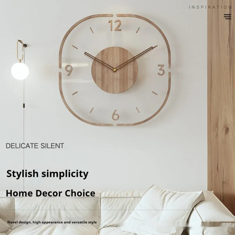 Modern square transparent wooden frame wall clock on a wall, showing visible mechanical movement inside.