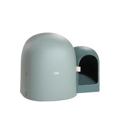 Oversized enclosed cat litter box in ABS plastic shown in moss green colour