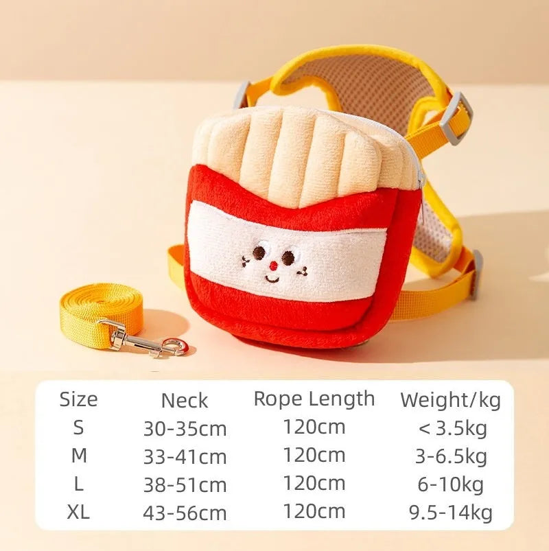 Cartoon hamburger design adjustable escape-proof vest harness and leash for a dog on a walk.