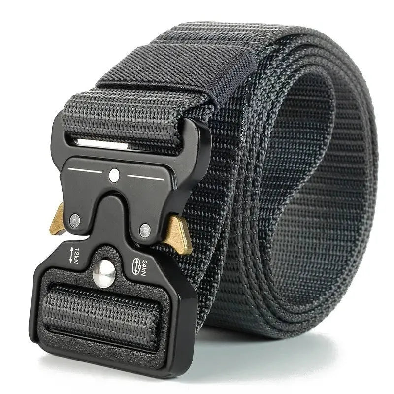Men's thick canvas tactical belt with alloy release buckle shown in multiple colour options