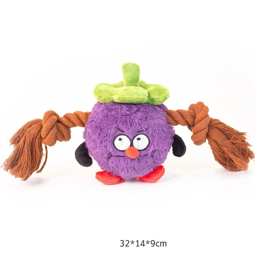 Green and purple plush rope knot dog toy with bite-resistant design for tug-of-war and tooth cleaning