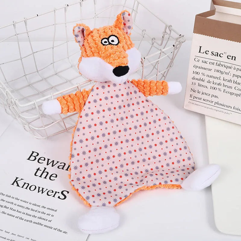 Brown velvet plush fox-shaped pet toy on a white background