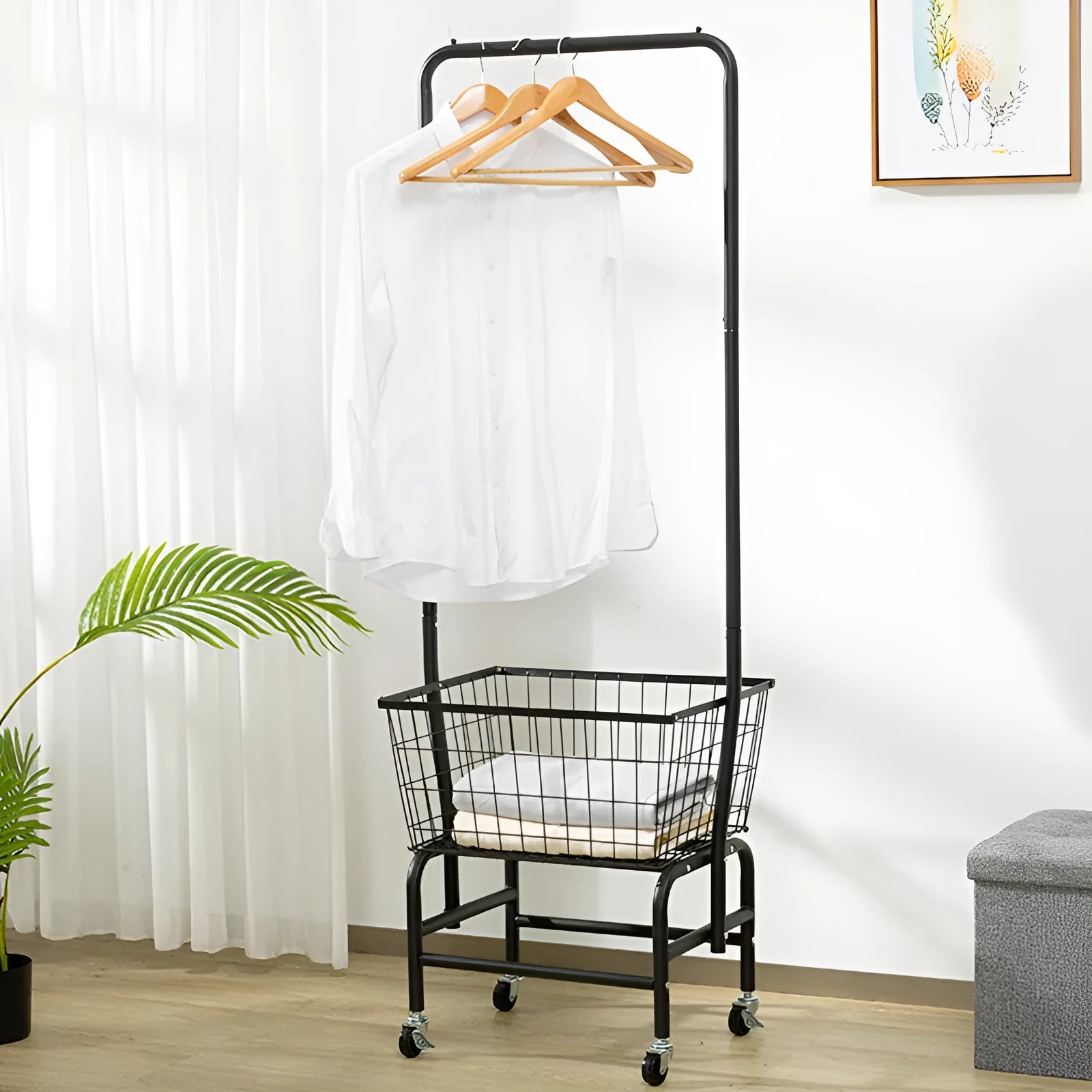 Single rod iron pulley storage car in white or black for wardrobe organisation