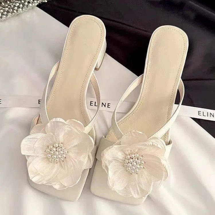 Women's cream-white satin sandals with a chunky heel, square toe, and one-line strap.
