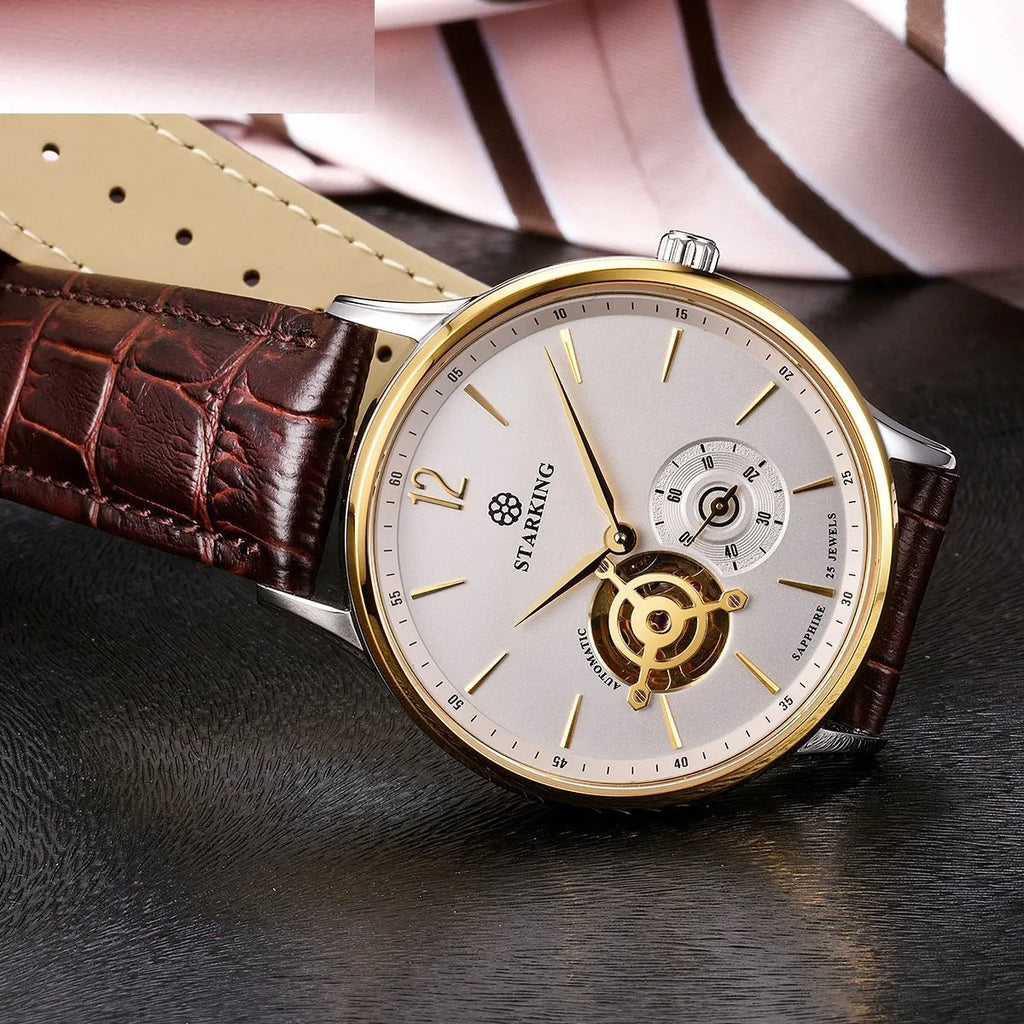 Automatic mechanical men's waterproof business watch with circular dial and stainless steel case