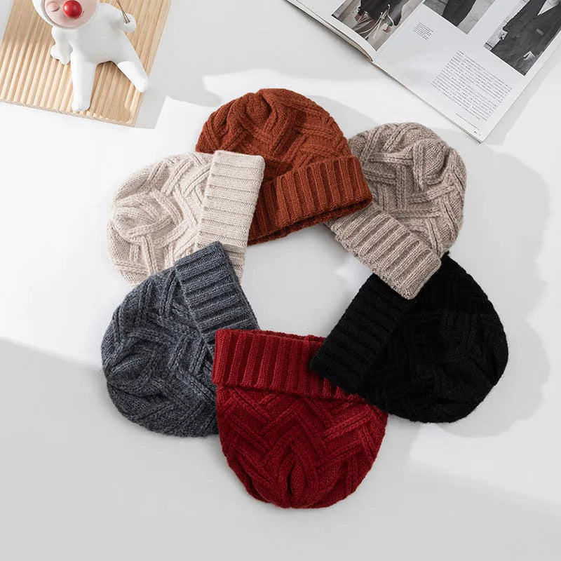 Wool knitted women's winter hat with dome crown in six colour options on mannequin