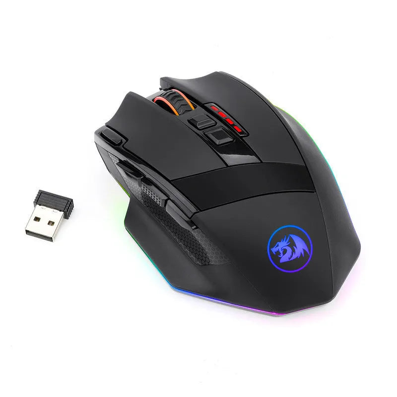 Redragon M801P black wireless gaming mouse with nine buttons and ergonomic shape
