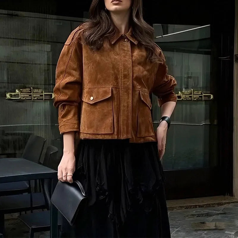 Women's brown suede-look polyester coat with regular sleeves in multiple sizes