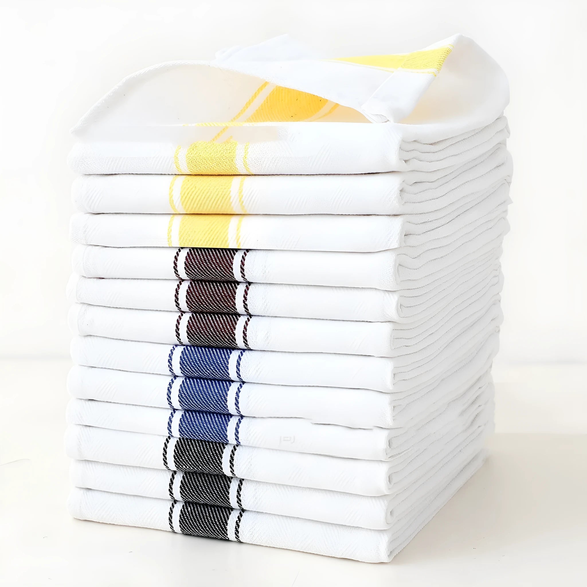 Set of 12 striped cotton dish towels in mixed colours including black, blue, brown, yellow on a kitchen surface