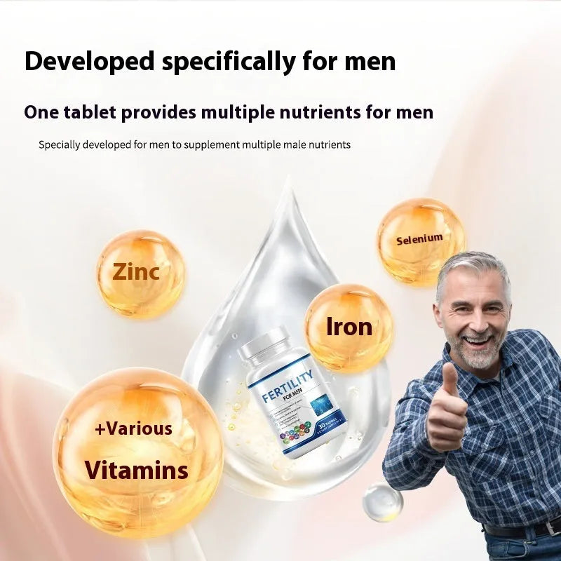 Bottle of 60 male fertility tablets with COMLEX vitamin mineral amino acids formulation