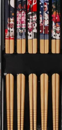 Japanese style bamboo chopsticks with cartoon patterns in lucky cat or blue designs
