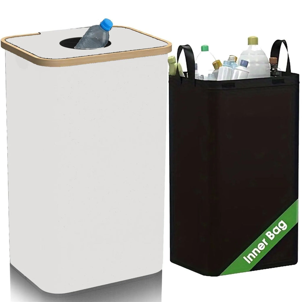 Black bamboo-framed Oxford cloth storage basket with removable lid, bottle holder, and inner pockets.