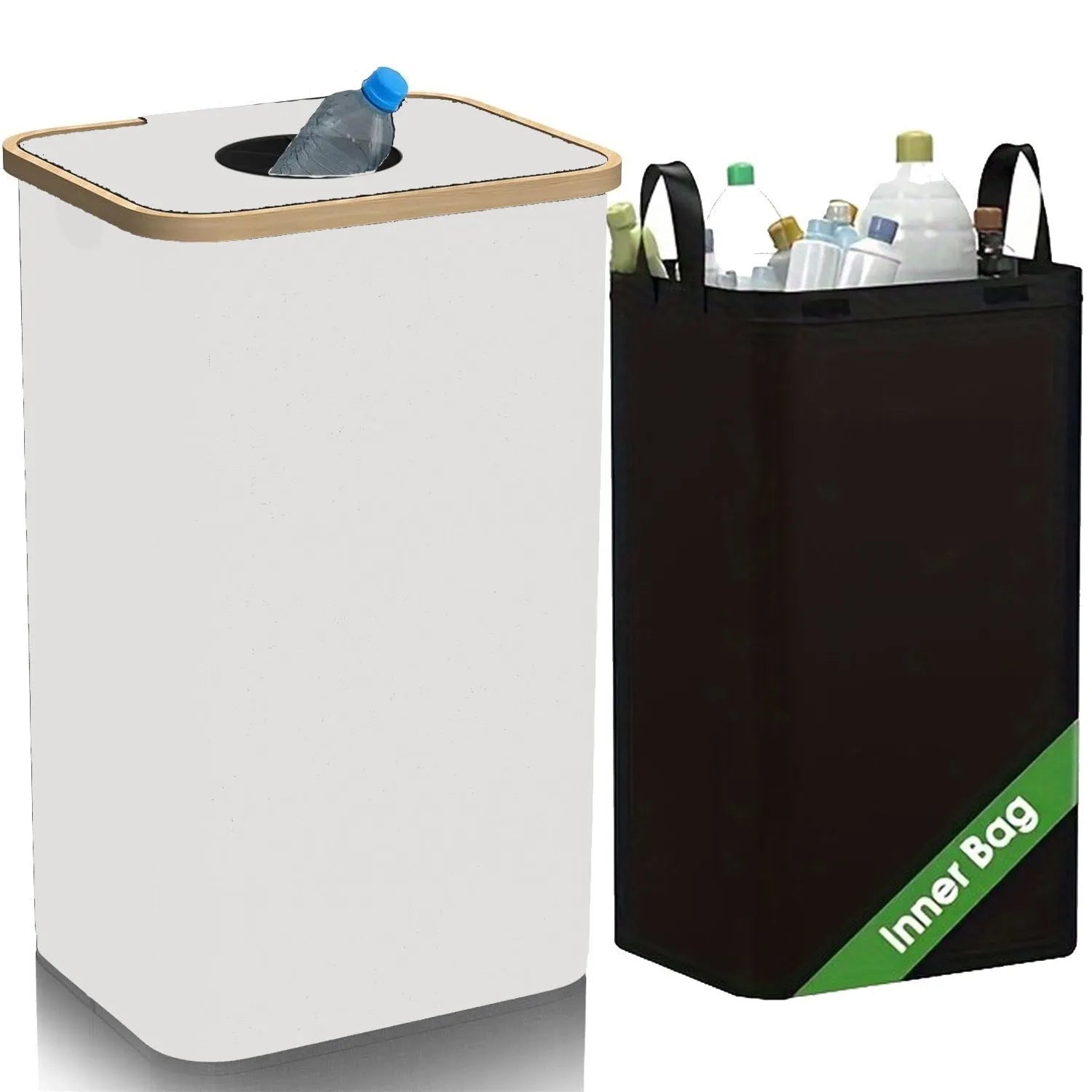Black bamboo-framed Oxford cloth storage basket with removable lid, bottle holder, and inner pockets.
