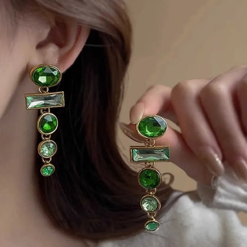 Geometric green gradient alloy earrings with zircon inlays and decorative tassels