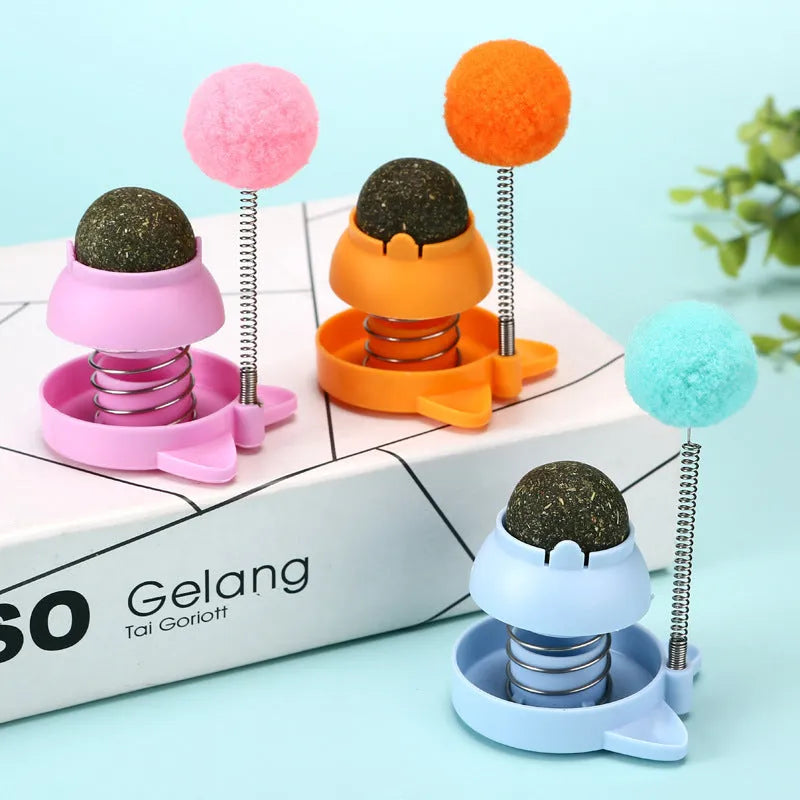 Lucky Cat design mint-flavoured ball cat toy on a stick for interactive play and teeth cleaning.