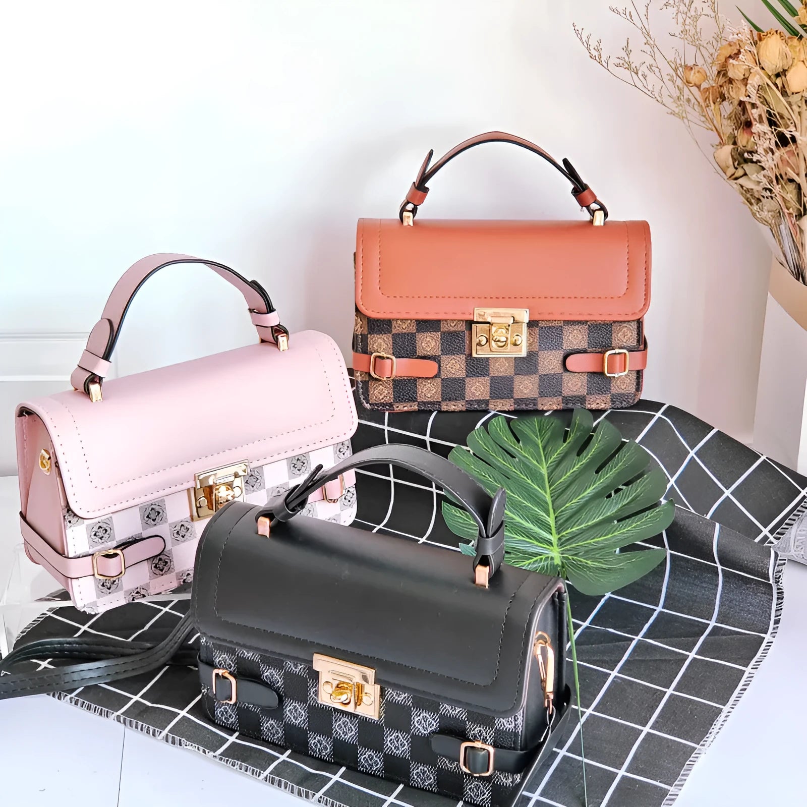 Retro ethnic pattern square crossbody bag in horizontal format with stitching detail and file bag interior