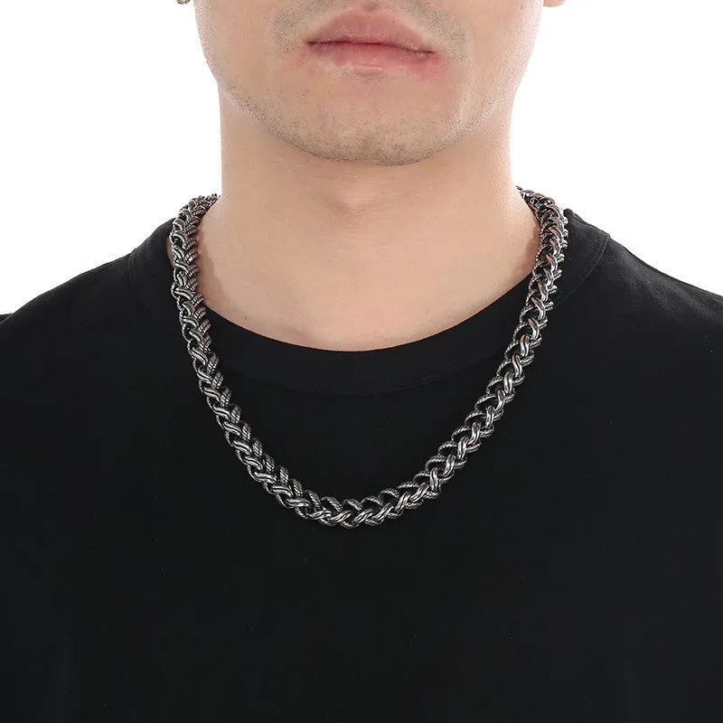 Men's antique silver titanium steel keel chain necklace with large hemp flower links.