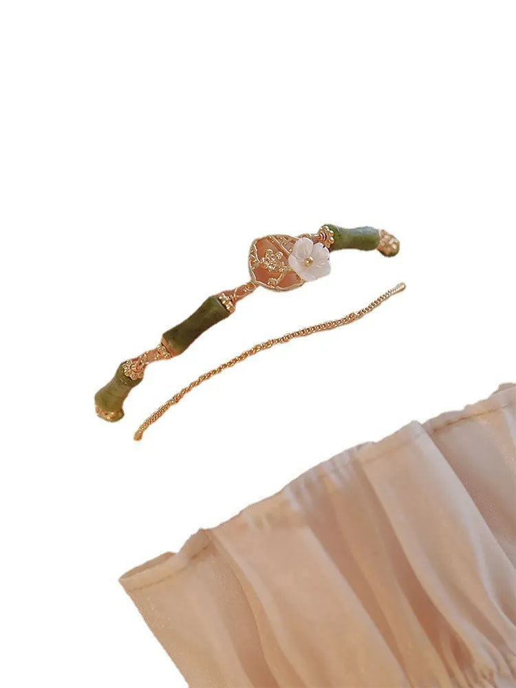 Handmade natural olivine bracelet with double layer twin bells design and olive branch pastoral details