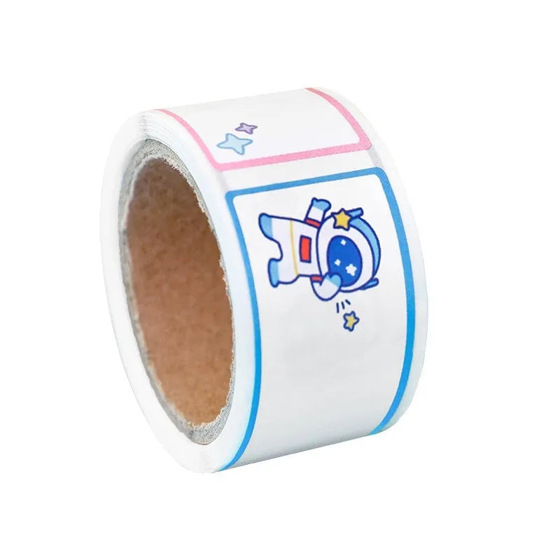 Roll of colourful cartoon name stickers with dinosaur, astronaut, rabbit, and girl designs for labelling.