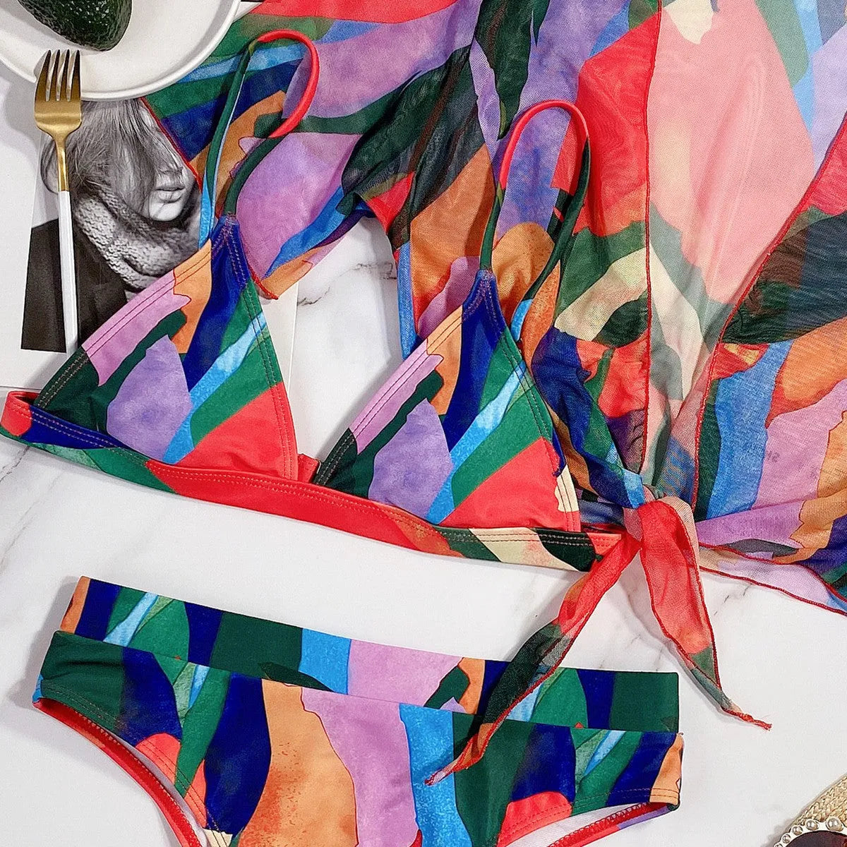Red women's printed split swimsuit with European-American pattern design for swimming