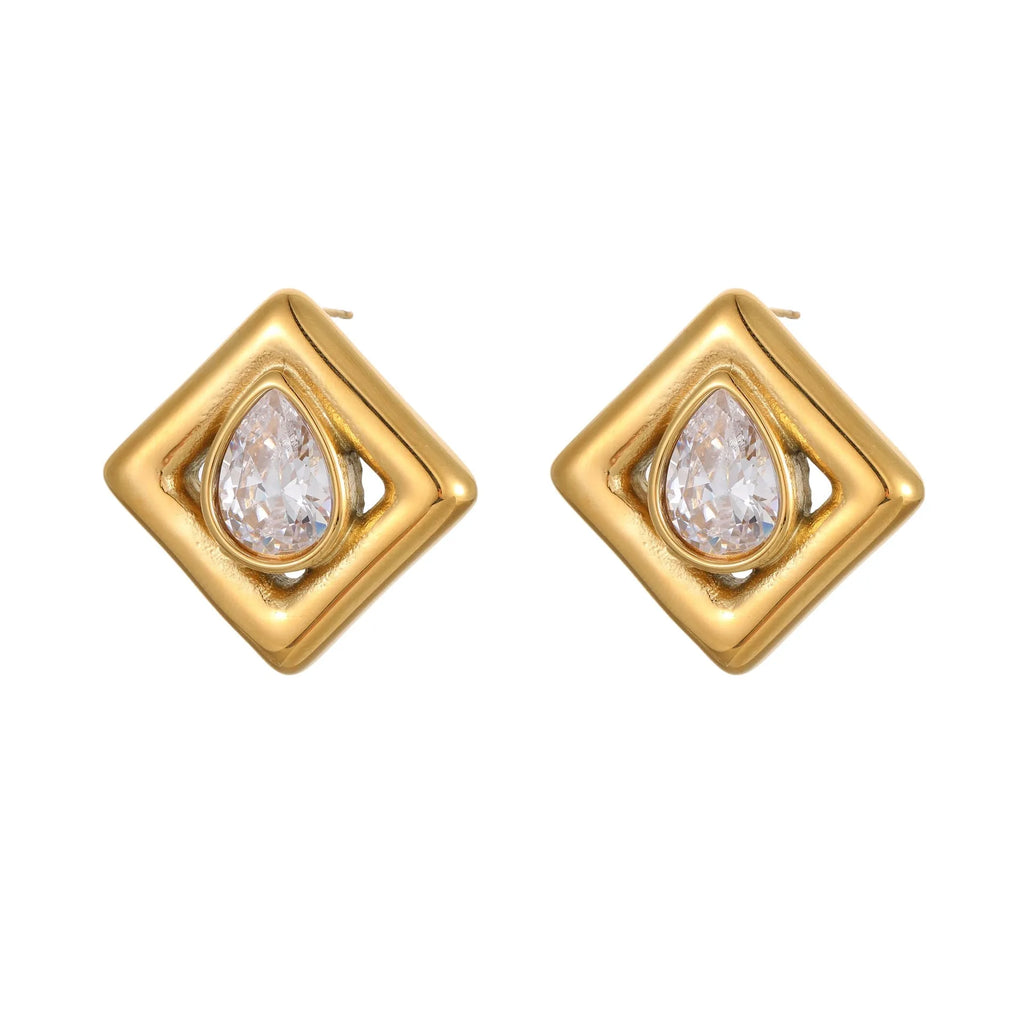 Gold geometric water drop earrings with zircon stones on stainless steel with 18K electroplated finish