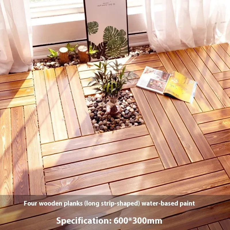 Camphor pine wood flooring tiles with brushed finish in 30x30cm dimensions for indoor and outdoor use