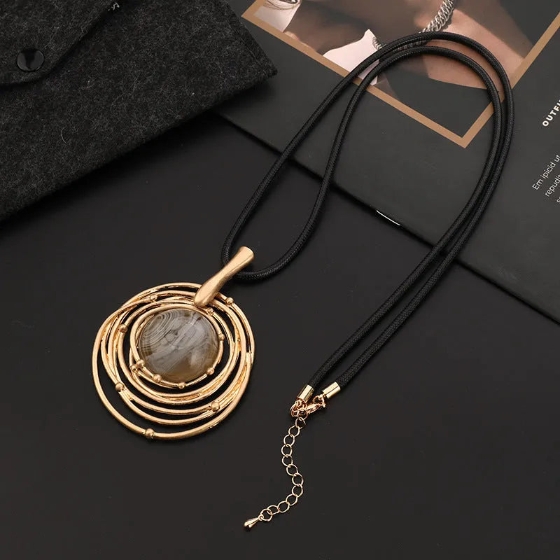 Women's geometric plaid pendant necklace on snakeskin wax rope chain in gold colour