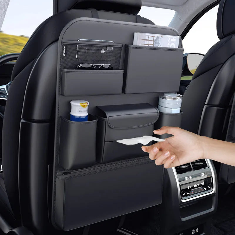 Black leather car seat back hanging storage bag with handle in two size options