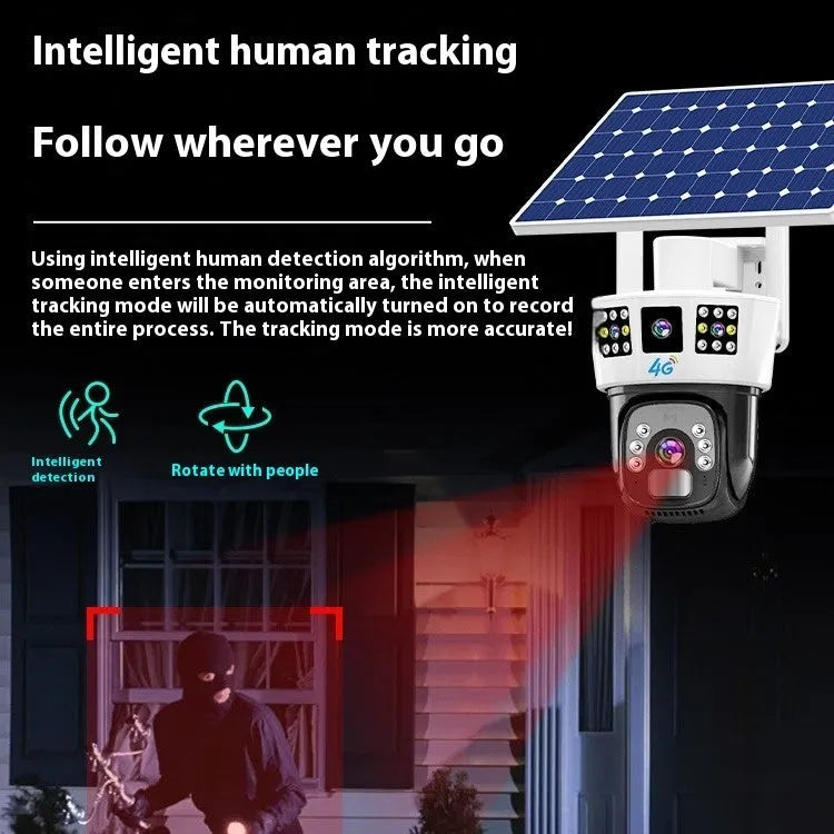 Solar-powered binocular surveillance camera with weatherproof housing and integrated solar panel