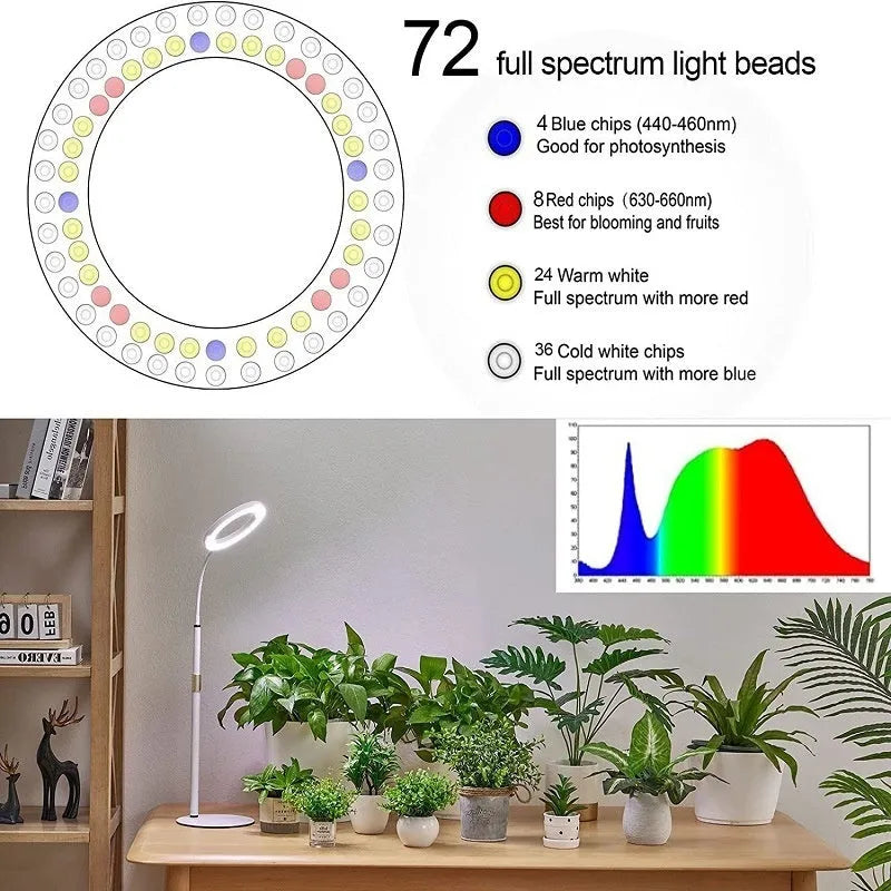 White floor-standing plant grow light with 6-inch angel ring design and adjustable height pole