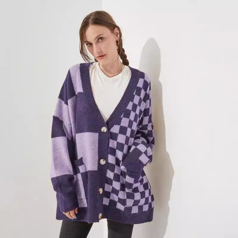 Women's printed check knitted cardigan in loose slim fit with regular sleeves