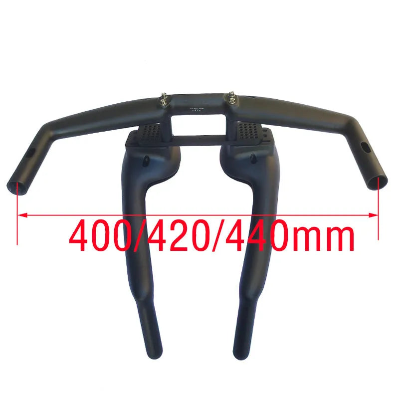Black carbon fibre time trial bicycle handlebar showing aero extensions and central clamp area.