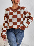 Dark brown acrylic sweater with a chessboard plaid pattern, loose fit, round neck, and long sleeves.