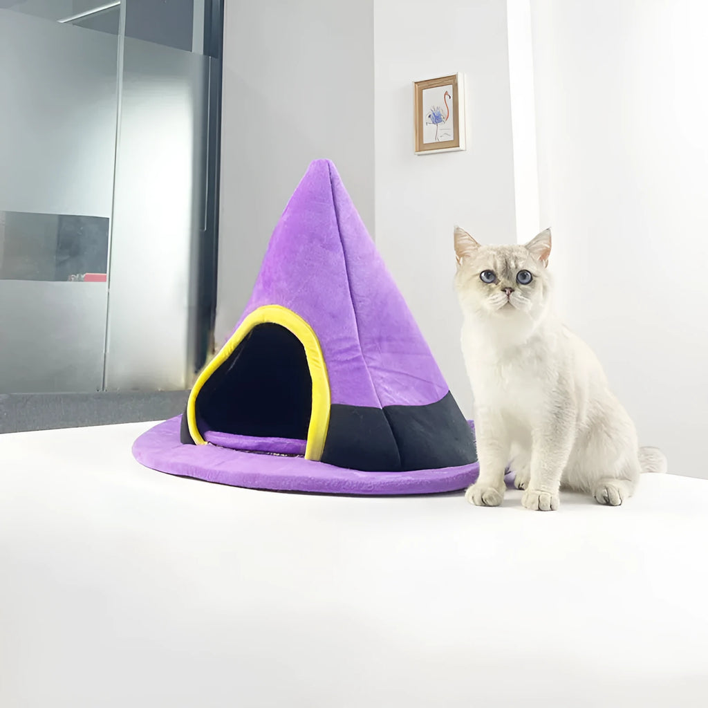 Purple Halloween witch hat shaped cat bed measuring 60x45cm for indoor pet use