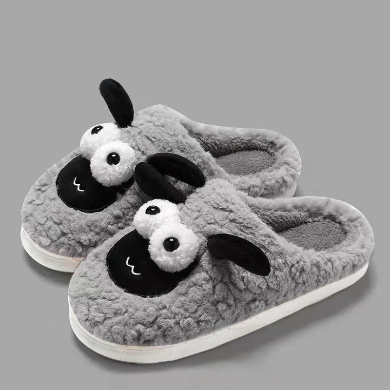 Brown lamb thermal cotton slip-on slippers for men and women on a white background.
