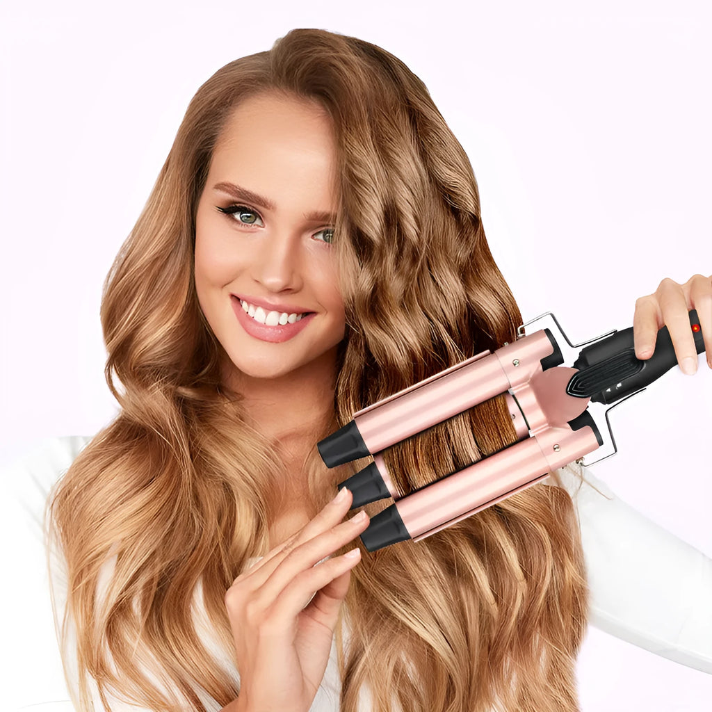 Three-tube water wave hair curler with multiple barrel attachments for styling curly and straight hair