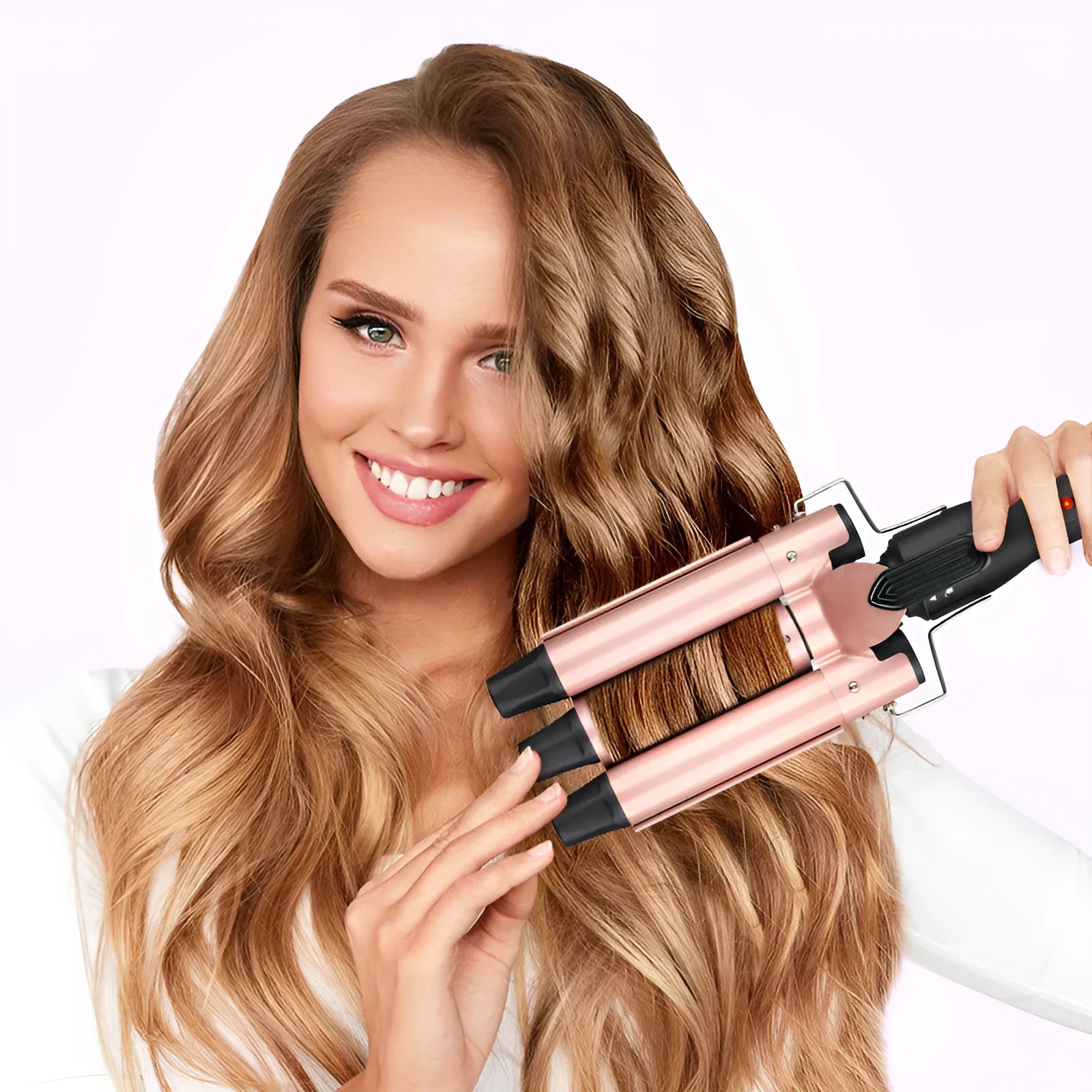 Three-tube water wave hair curler with multiple barrel attachments for styling curly and straight hair