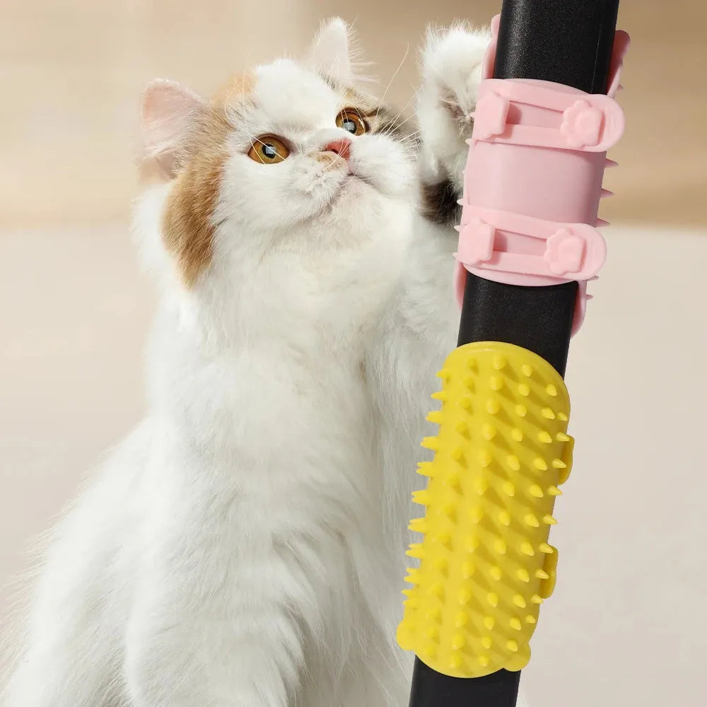 Silicone pet grooming comb with adjustable strap mounted on table leg for cats and dogs
