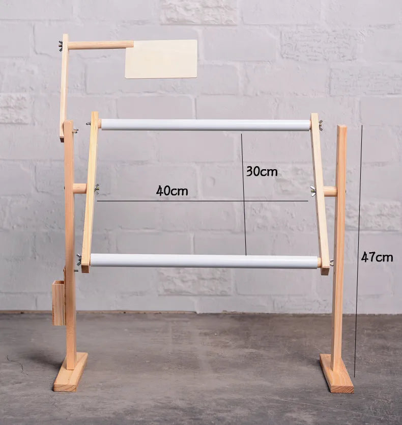 Vertical pine wood embroidery stand with height adjustment on desktop