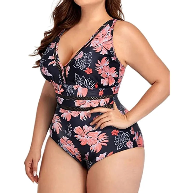 Black plus size women's bikini swimsuit with print pattern, showing front and back view.