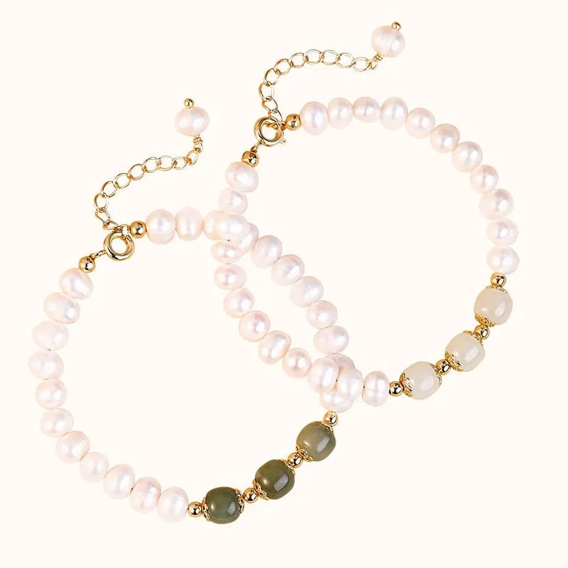 Natural freshwater pearl bracelet with diamond-shaped beads in deep and light Hetian jade green electroplated finish