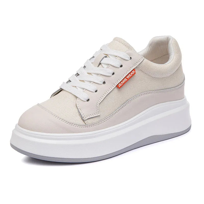 Beige and pink women's leather board shoes with thick soles on a white background.