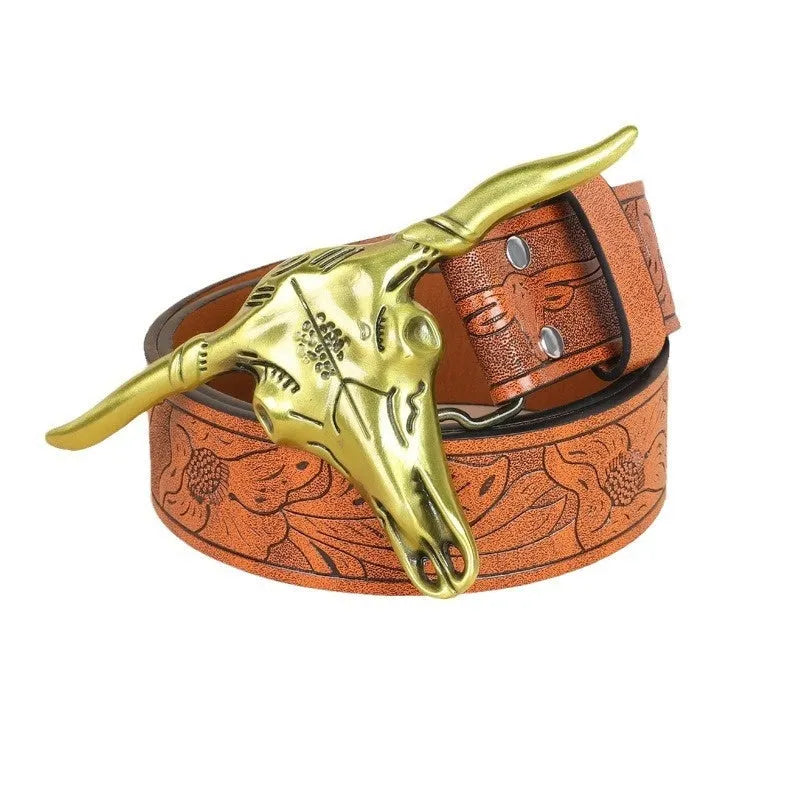 Men's black imitation leather belt with a detailed alloy cow head buckle and pin clasp.