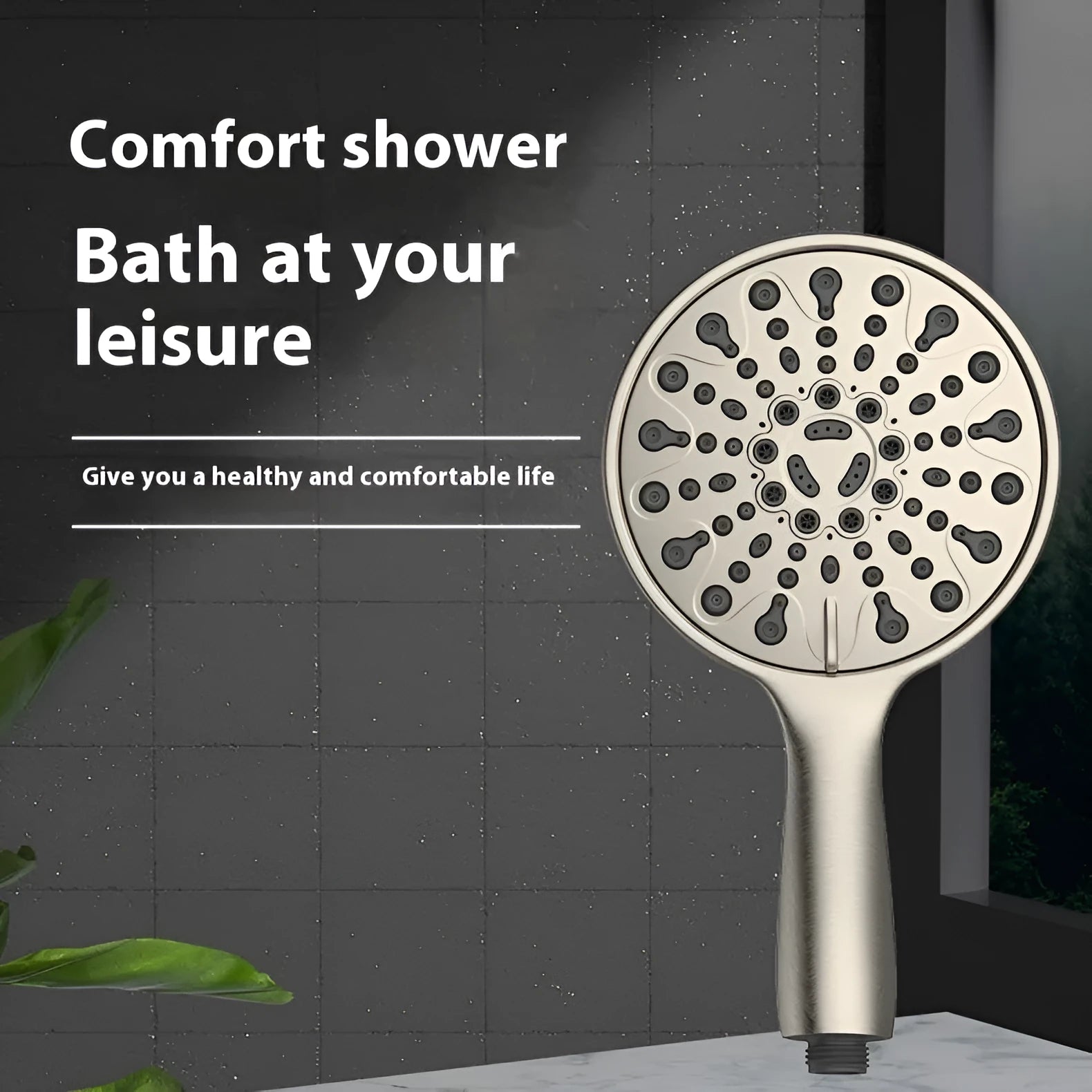 Six-function handheld shower head with electroplated finish measuring 6 inches in diameter