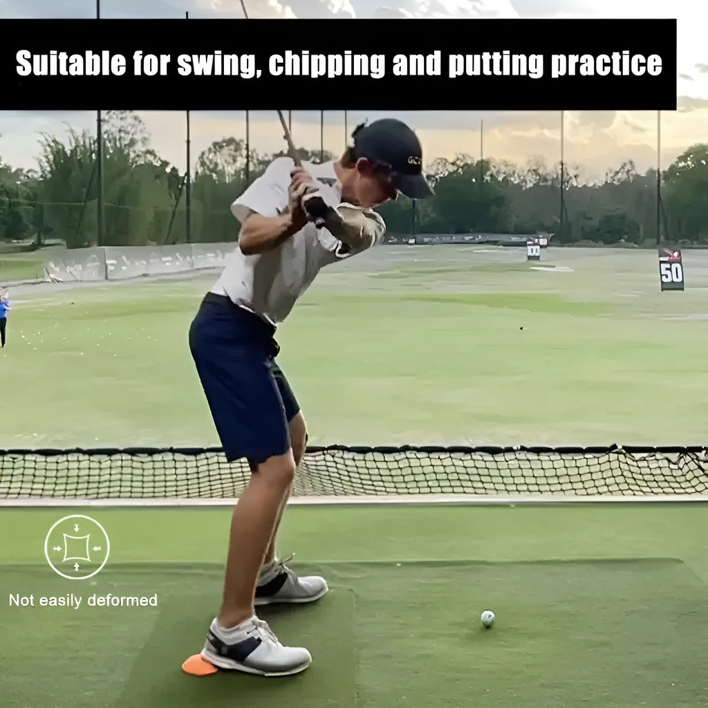 Orange natural rubber golf training mat for swing practice with centre of gravity design