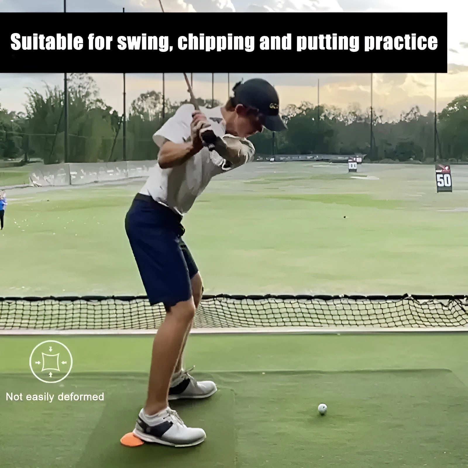 Orange natural rubber golf training mat for swing practice with centre of gravity design